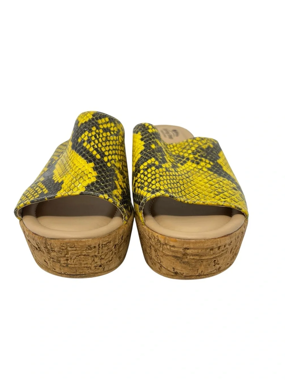 Spring Step Yellow and Black Snake-Print Cork Wedge Slide